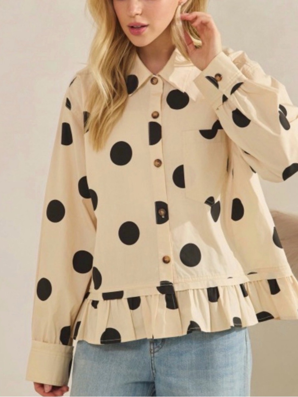 NEW Sewn & Seen Kip Polka Dot Ruffle Hem Top Blouse Shirt Cream Black Size Large